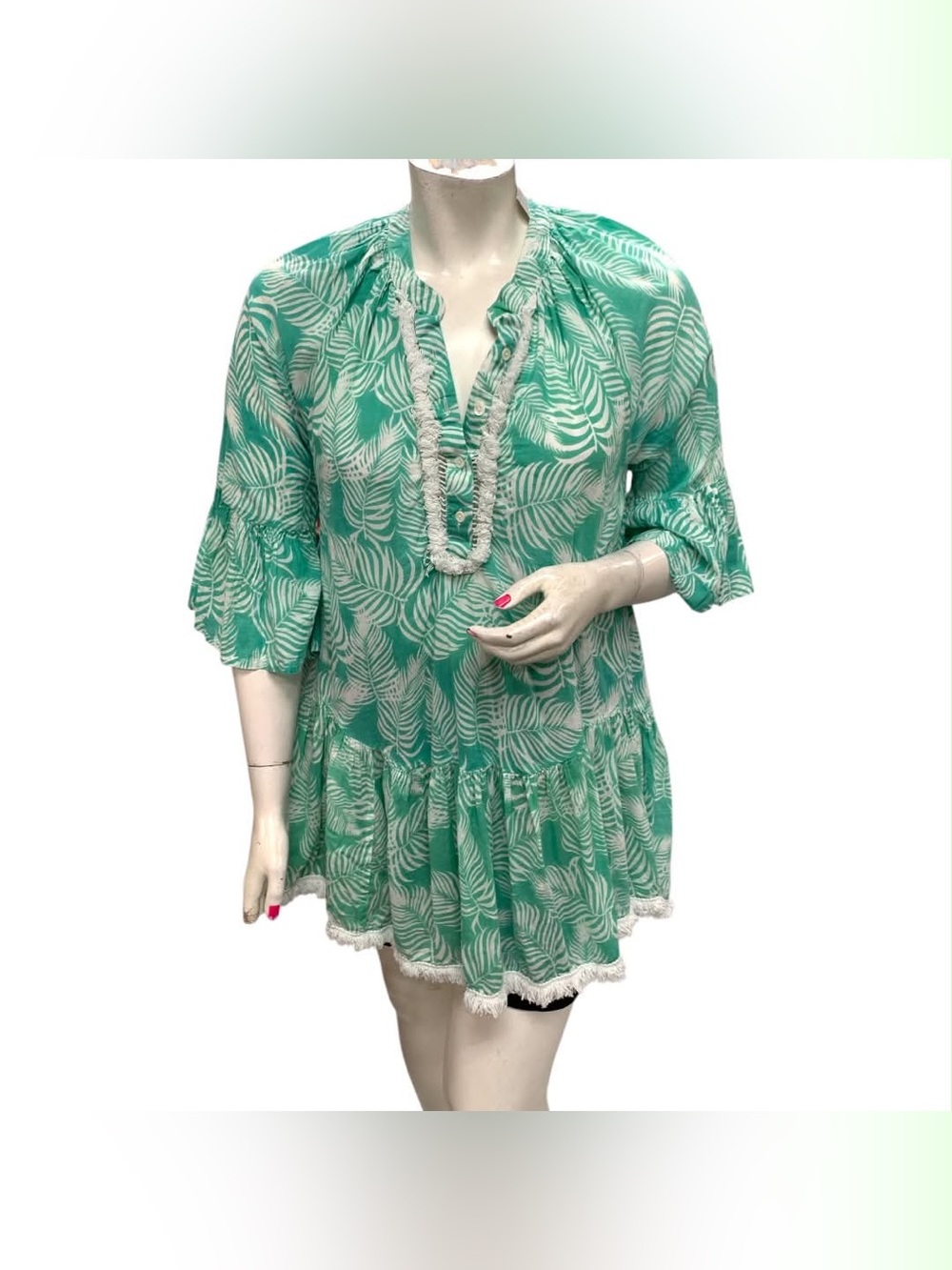 True Destinations Mint Green Leaf-Print Ruffle Hem Tunic Size L
